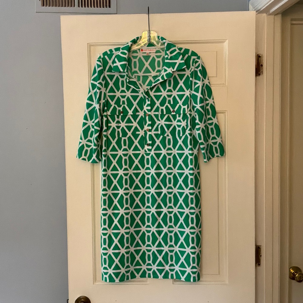 Jude Connally Jude Cloth Green White Geometric Dress M Preppy Coastal Resort